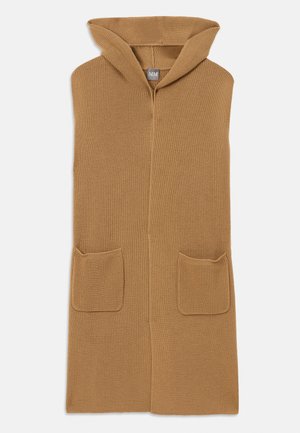 Long cardigan à capuche en tricot côtelé couleur camel. Dispose de deux poches avant. Texture douce avec un design ouvert à l'avant.