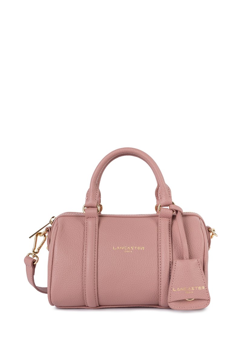 Borsa in pelle rosa con accessori in oro, doppi manici superiori, tracolla staccabile e forma rettangolare. Presenta un logo impressa e una superficie texturizzata.