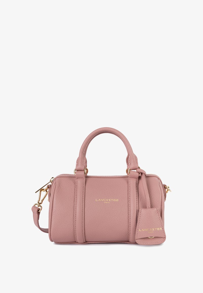 Borsa in pelle rosa con accessori in oro, doppi manici superiori, tracolla staccabile e forma rettangolare. Presenta un logo impressa e una superficie texturizzata.