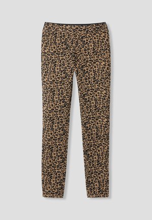 Leggings en imprimé léopard dans des tons beige et noir, avec une coupe ajustée et une taille élastique. Texture lisse avec un motif animal distinctif.