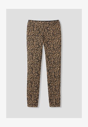 Leggings en imprimé léopard dans des tons beige et noir, avec une coupe ajustée et une taille élastique. Texture lisse avec un motif animal distinctif.