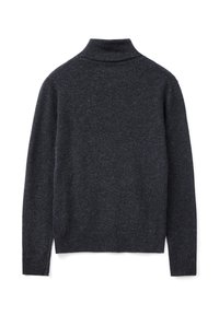 Pull en laine côtelé noir gris à manches longues avec un col roulé, des poignets et un ourlet côtelés, présenté à plat sur un fond blanc.