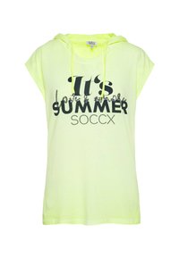 Neon yellow short-sleeved hooded t-shirt with black text and embellishments stating "It's love & whole SUMMER SOCCX." Soft material, relaxed fit.