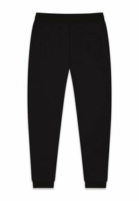 Black jogger pants with a fitted waistband and cuffs. Features a single back pocket, smooth texture, and a straight-leg design.