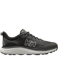 Baskets athlétiques noires et grises avec semelle blanche, tige en mesh et cuir, fermeture à lacets, et logo "HH" sur le côté.