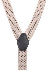 Bretelle beige con piccoli motivi a rombi scuri che convergono in una patch in pelle nera al centro.