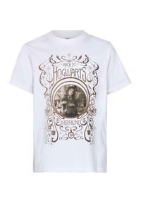 Biała bawełniana koszulka z nadrukiem w stylu vintage przedstawiająca postać z napisem "Powrót do Hobbita" oraz "Hermiona" w złotym kolorze.