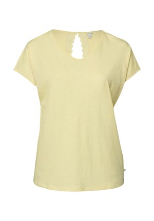 Dames top met korte mouwen in lichtgeel met V-hals en gegolfde kanten details aan de achterhals.