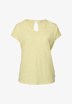 Dames top met korte mouwen in lichtgeel met V-hals en gegolfde kanten details aan de achterhals.