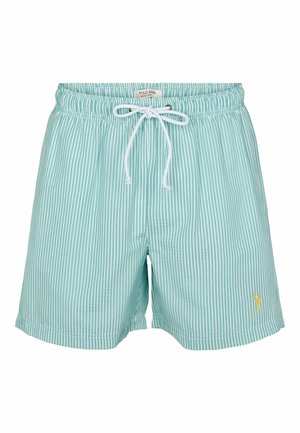 Ljusblå och vitrandiga badshorts med elastisk midja och dragsko, med en liten gyllene logotyp på framsidan.