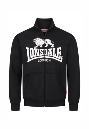 Svart zip-up hoodie i en bomullsblandning, med en lejonlogotyp och varumärkesnamn i vit tryck. Ribbad muddar och fåll, samt frontfickor.