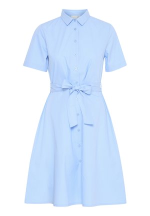 Light blue shirt dress made of cotton, featuring a collar, short sleeves, button front closure, and a matching tie belt at the waist.