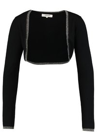 Svart kortärmad tröja med lång ärm och en satinliknande silverkant längs halsringningen och fållarna. Mjuk textur, figurnära design.