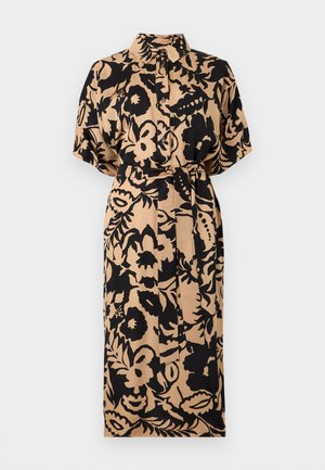 Rochie midi bej cu model floral negru îndrăzneț, mâneci scurte, guler cu nasturi și curea din același material în talie.