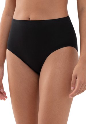 High-waisted black briefs made of smooth, stretchy fabric with a seamless design and no visible stitching, offering full coverage.