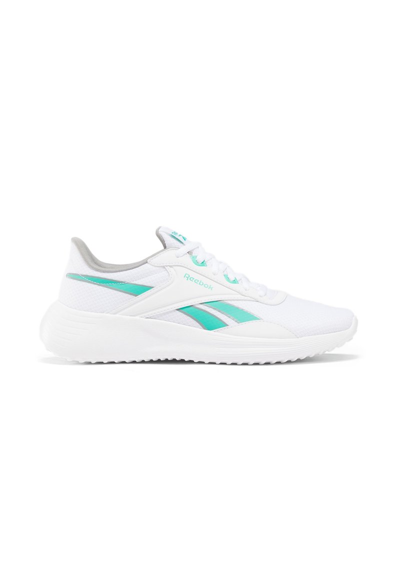 Zapatilla deportiva blanca con una parte superior de malla texturizada, con acentos en color azul verdoso y una suela acolchada. Logo de Reebok en el costado, diseño elegante.
