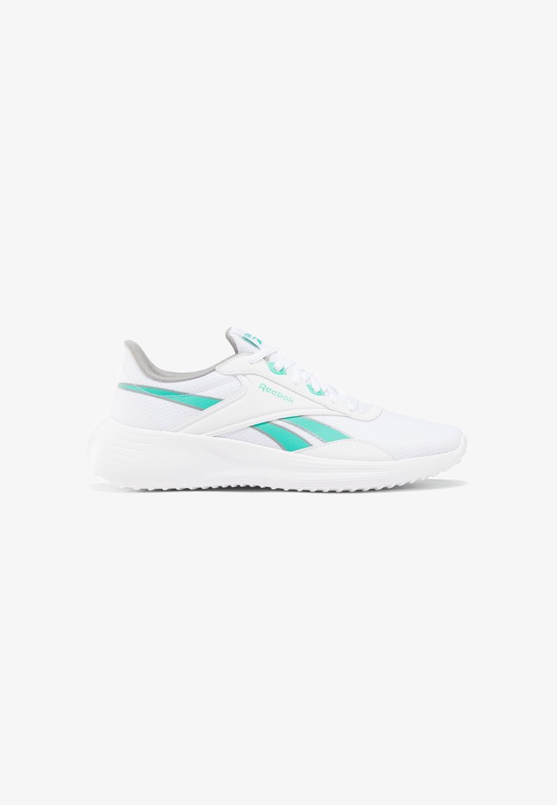 Zapatilla deportiva blanca con una parte superior de malla texturizada, con acentos en color azul verdoso y una suela acolchada. Logo de Reebok en el costado, diseño elegante.