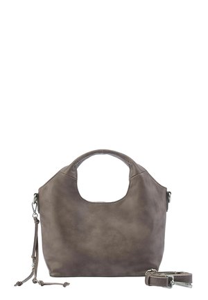 Dunkelgraue Lederhandtasche mit runden Griffen, abnehmbarem Schulterriemen und dekorativen Quasten vor weißem Hintergrund.