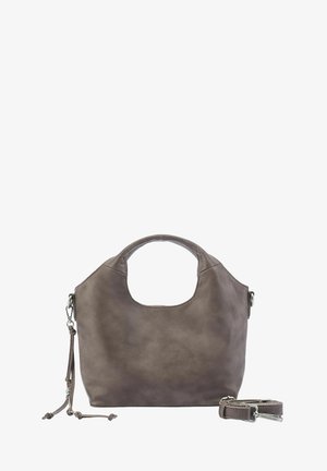 Dunkelgraue Lederhandtasche mit runden Griffen, abnehmbarem Schulterriemen und dekorativen Quasten vor weißem Hintergrund.