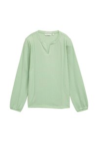 Blouse à manches longues rayée verte, avec un décolleté en V, des manches froncées et une texture douce. Fabriquée en tissu léger.