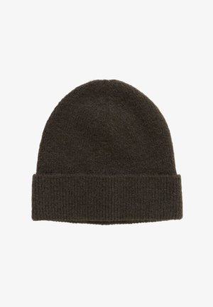 Mørkebrunt strikket beanie-hat med en foldet manchet. Blød tekstur og tætsiddende design, afrundet krone og ingen synlige dekorationer.