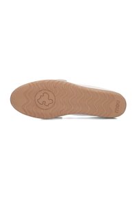 Witte sneakerzool met een gestructureerde bruine rubberen ondergrond, met een golvend patroon en een circulair logo in het midden. Eenvoudig en functioneel ontwerp.