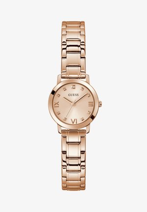 Rose gold metal watch with a round case, light gold dial featuring Roman numerals and crystal accents on the hour markers. Adjustable link bracelet.