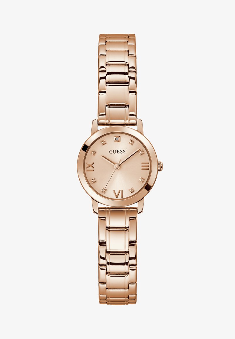 Rosegold metallic Uhr mit rundem Gehäuse, zifferblatt in hellem Goldton mit römischen Ziffern und Kristallelementen auf den Stundenmarkierungen. Verstellbares Gliederarmband.