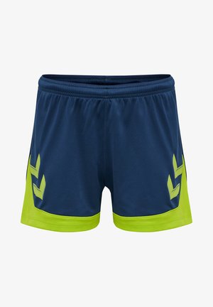 Pantaloni sportivi blu navy con orlo verde lime. Realizzati in tessuto traspirante, con una finitura testurizzata e dettagli del logo sui lati.