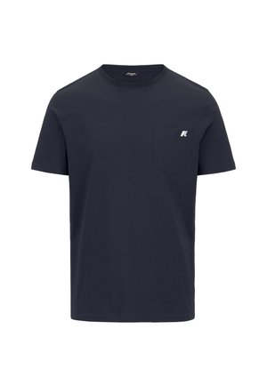 Maglietta di cotone blu navy con collo a giro, maniche corte e taschino a sinistra con un piccolo logo. Texture morbida, design casual.