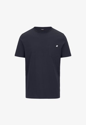 Maglietta di cotone blu navy con collo a giro, maniche corte e taschino a sinistra con un piccolo logo. Texture morbida, design casual.