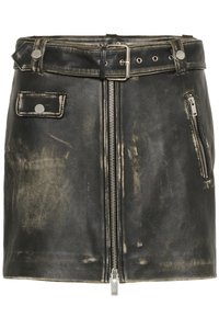 Black leather skirt with a distressed finish, featuring a front zipper, belt loops, side pockets, and silver hardware accents.