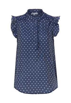 Blouse bleu marine sans manches à pois blancs, col et manches volantés, patte de boutonnage devant.