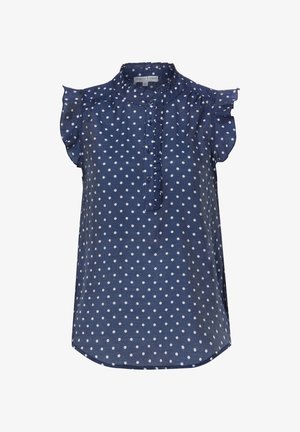 Blouse bleu marine sans manches à pois blancs, col et manches volantés, patte de boutonnage devant.