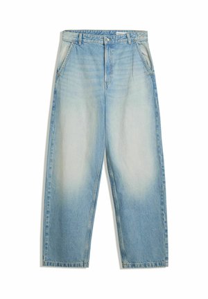 Lyseblå denim jeans med vid benvidde, falmet ved knæene, med fem lommer og en knaplukning foran.
