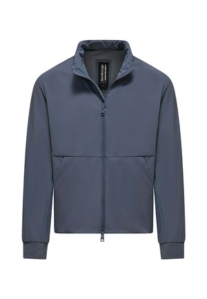 Heren donkergrijs jack met ritssluiting, opstaande kraag, geribde manchetten en voorzakken, weergegeven op een witte achtergrond.