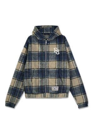Hooded zip-up striukė iš minkštos pliušinės medžiagos, turinti mėlynos ir kreminės spalvų, su logotipo užsiuvimu ir kengūrinėmis kišenėmis. Patogi ir šilta tekstūra.