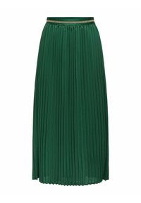 Gonna plissettata verde con un tessuto texturizzato, una cintura accentuata in oro e un design fluido che arriva sotto il ginocchio.