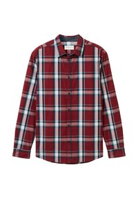 Red plaid shirt featuring black, white, and teal accents, long sleeves, and a standard collar. Made from cotton fabric with button closures.