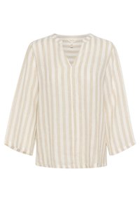 Blusa in lino con un motivo a righe crema e beige. Presenta un collo a V, maniche a tre quarti e una vestibilità ampia.