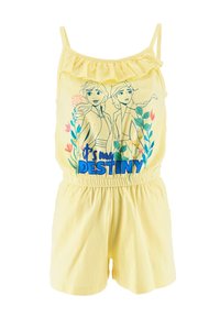 Completo giallo con spalline sottili, scollatura a volant, vita elastica e illustrazione grafica di due personaggi con fiori. Testo: "È il mio DESTINO."