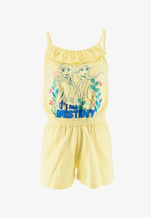 Completo giallo con spalline sottili, scollatura a volant, vita elastica e illustrazione grafica di due personaggi con fiori. Testo: "È il mio DESTINO."