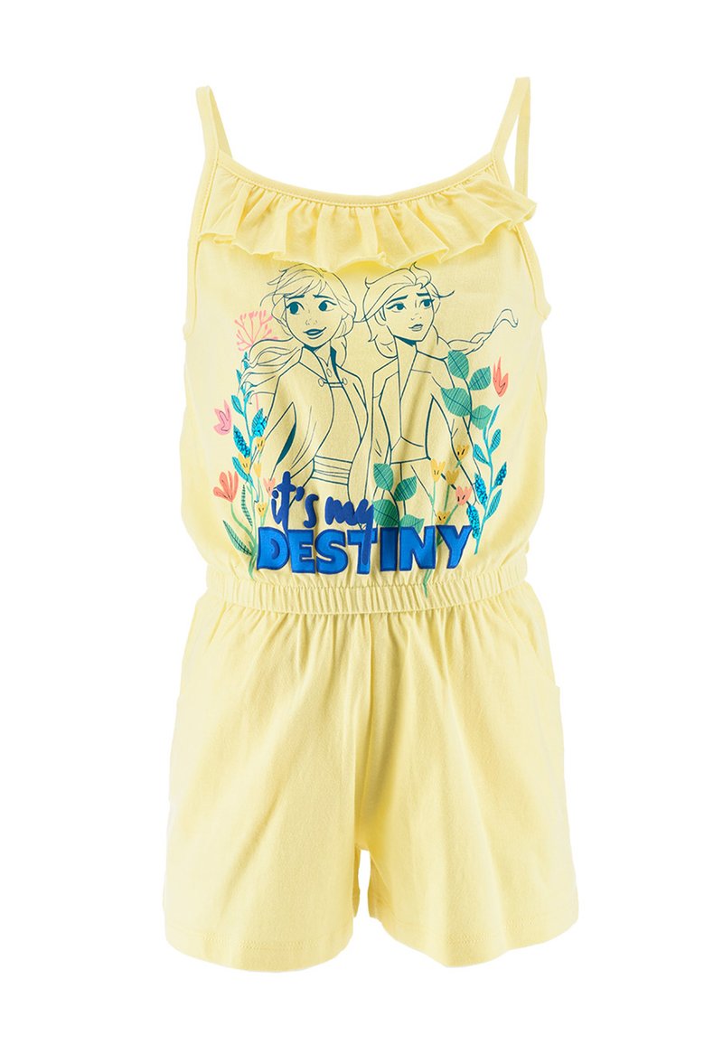Completo giallo con spalline sottili, scollatura a volant, vita elastica e illustrazione grafica di due personaggi con fiori. Testo: "È il mio DESTINO."