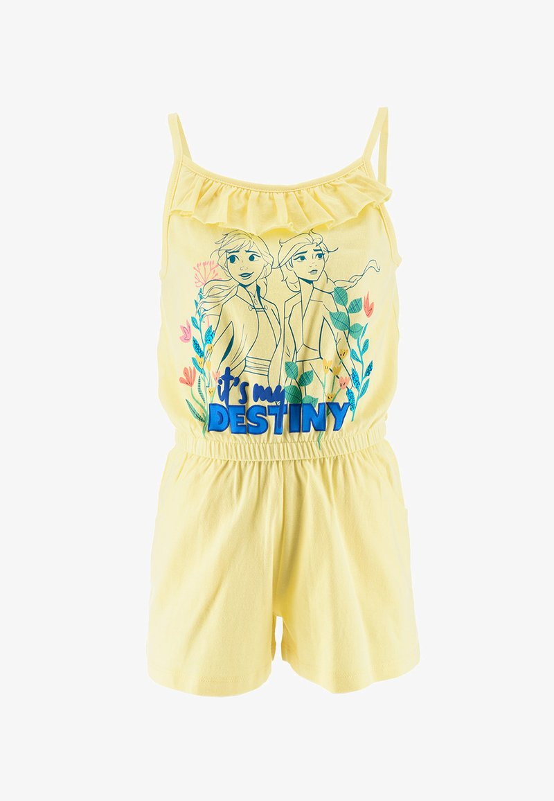 Completo giallo con spalline sottili, scollatura a volant, vita elastica e illustrazione grafica di due personaggi con fiori. Testo: "È il mio DESTINO."