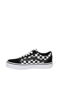 Sneakers in tela a scacchi bianco e nero con profilo basso, suola in gomma bianca e lacci bianchi, caratterizzati da dettagli di cucitura a contrasto.
