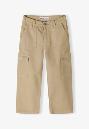 Beżowe spodnie cargo wykonane z wytrzymałej bawełny. Posiadają dwie kieszenie boczne, dwie tylne kieszenie oraz zapięcie na guzik. Prosty krój.