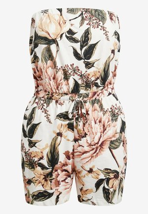 Rompertjes met bloemenprint in wit met roze en groene accenten. Voorzien van een strapless ontwerp, elastische tailleband en trekkoord met metalen detail.