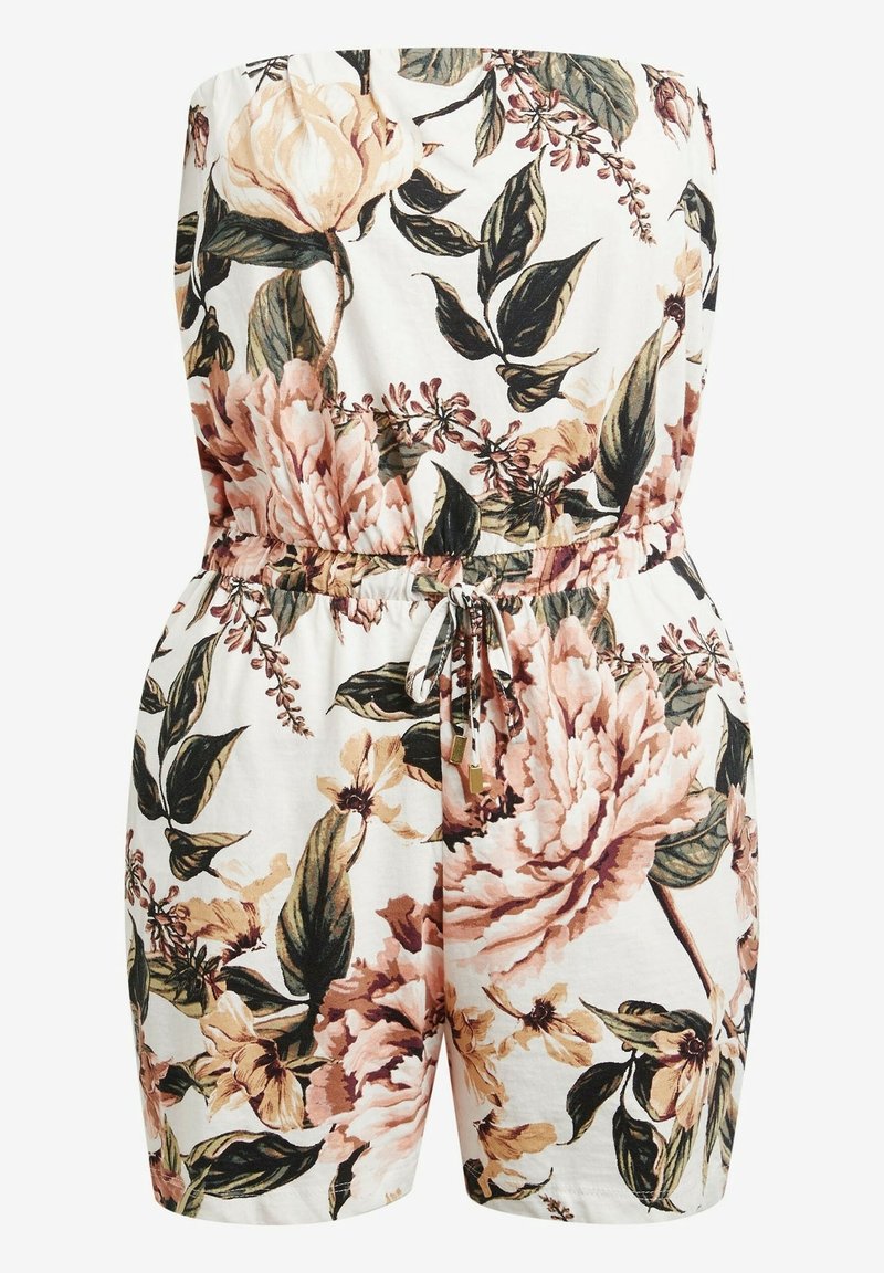 Combinaisons imprimées florales en blanc avec des accents roses et verts. Présente un design sans bretelles, une taille élastique et un cordon de serrage avec un détail métallique.