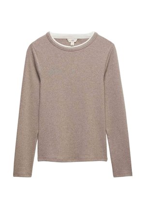 Chemise à manches longues beige avec col rond et détail de col intérieur blanc, design uni et texture de tissu douce.