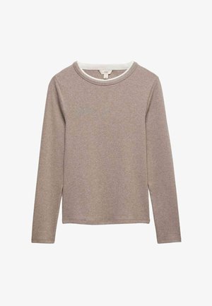 Chemise à manches longues beige avec col rond et détail de col intérieur blanc, design uni et texture de tissu douce.